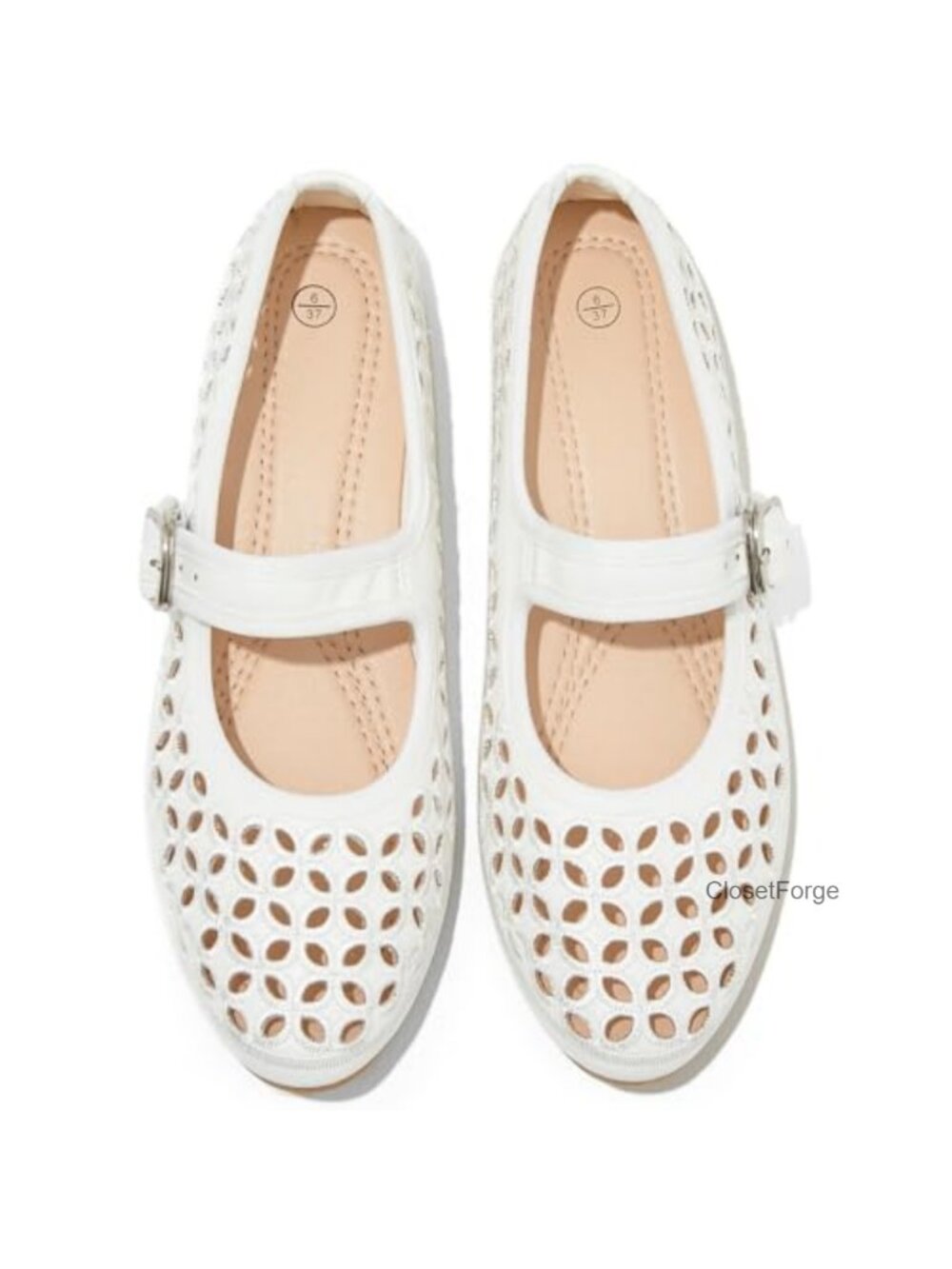 Women's Perforated Floral Mary Jane Flats with Adjustable Buckle Strap